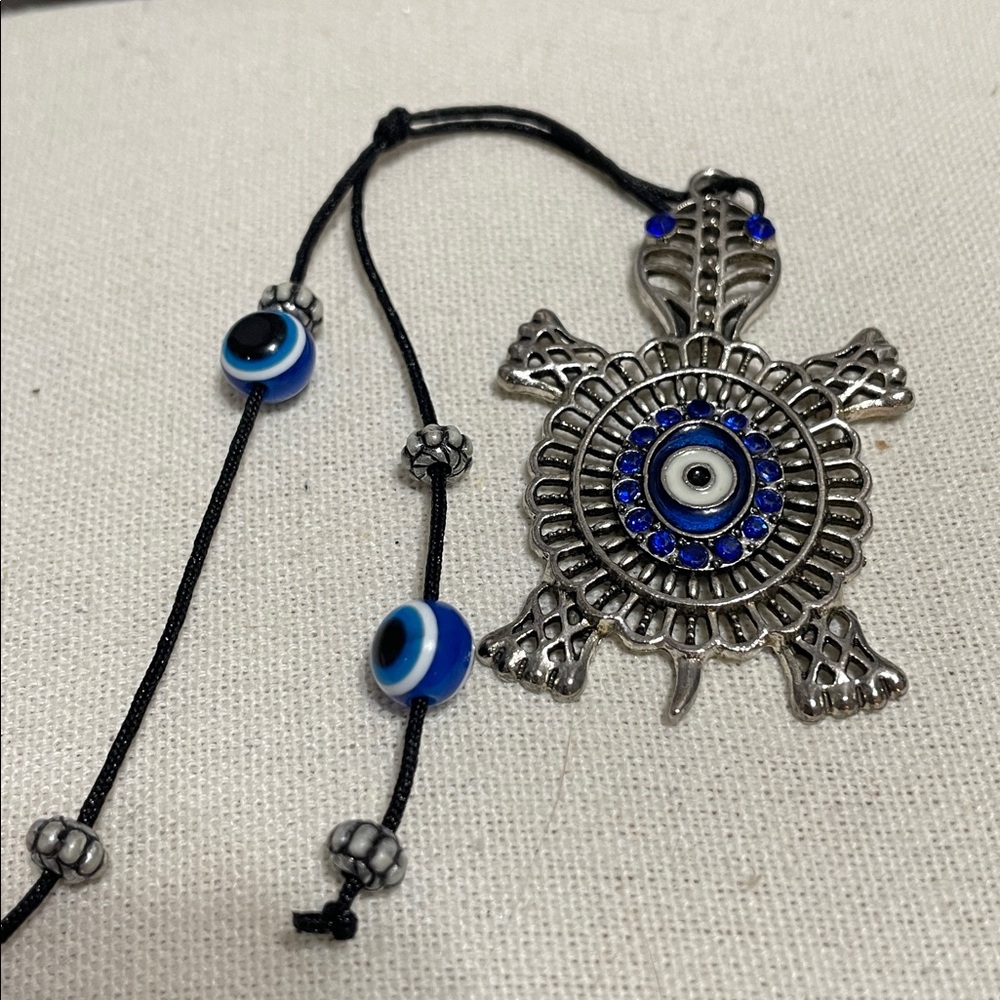 Silver Turtle Evil Eye Pendant Necklace - Blue Accent - Picture 3 of 6